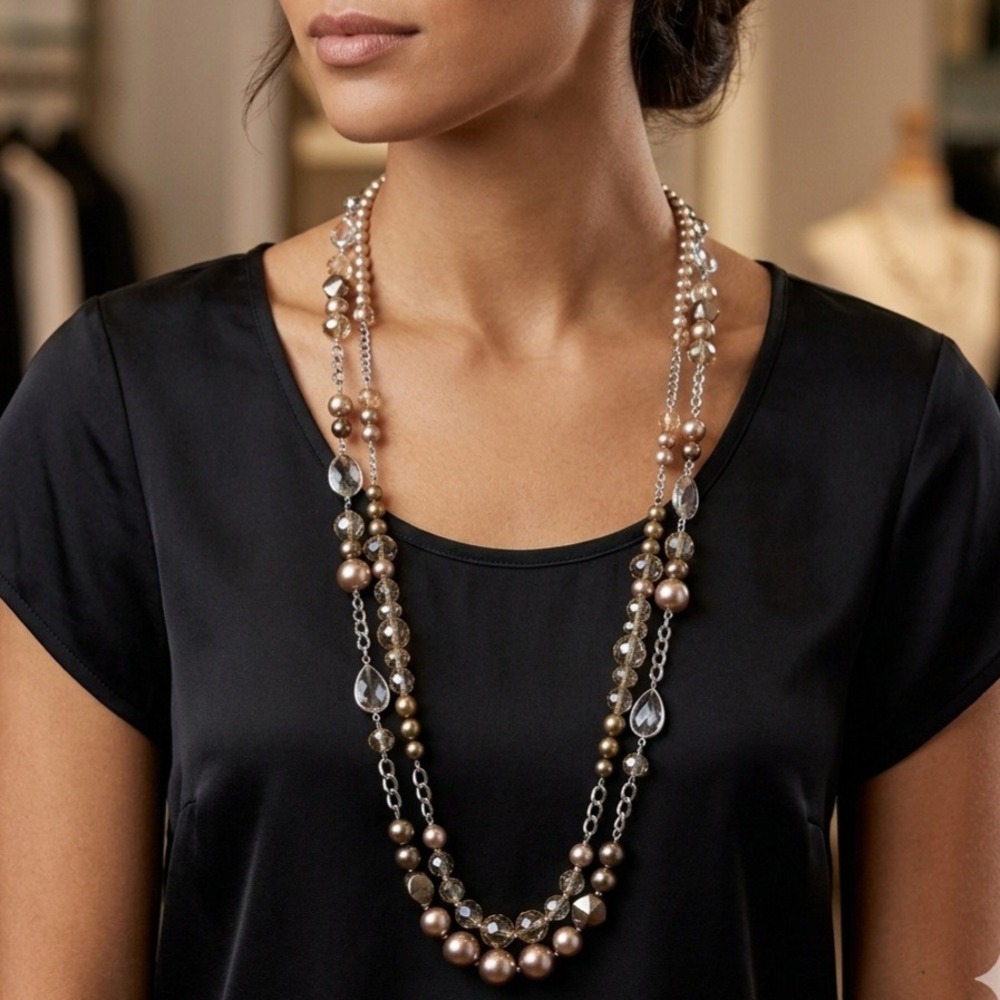 LOFT Multi Strand Beaded‎ Station Necklace Brown Silver Tone Boho Chic Neutral